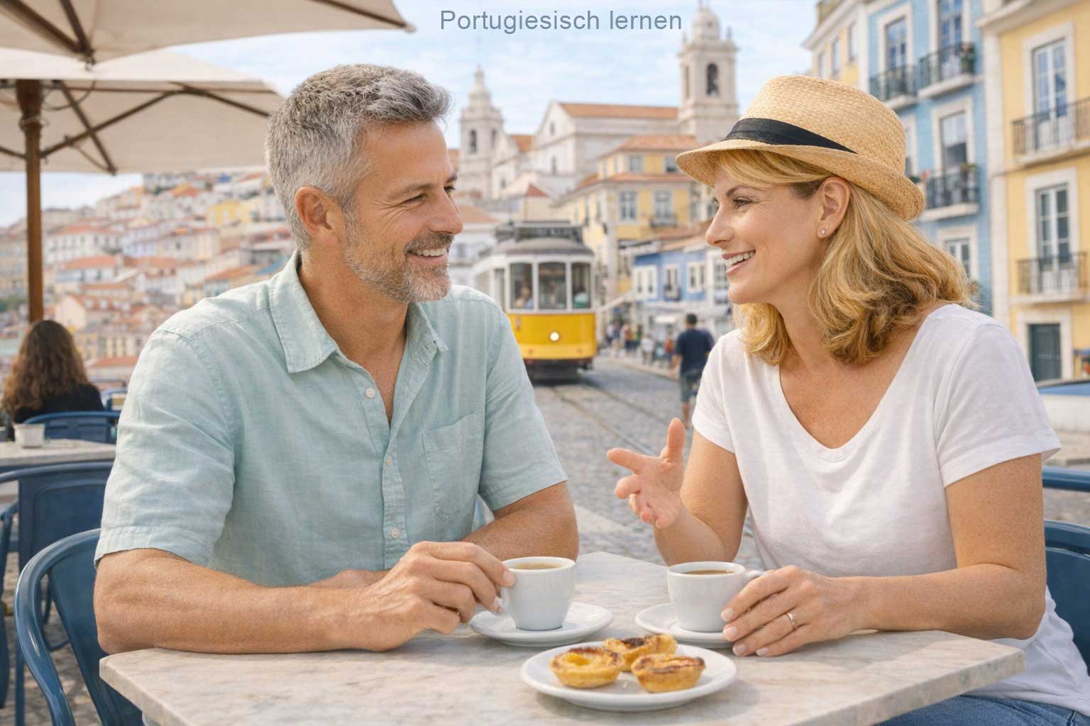 Alltagsdialoge Portugiesisch – Zwei Menschen im Gespräch an einem Café in Lissabon