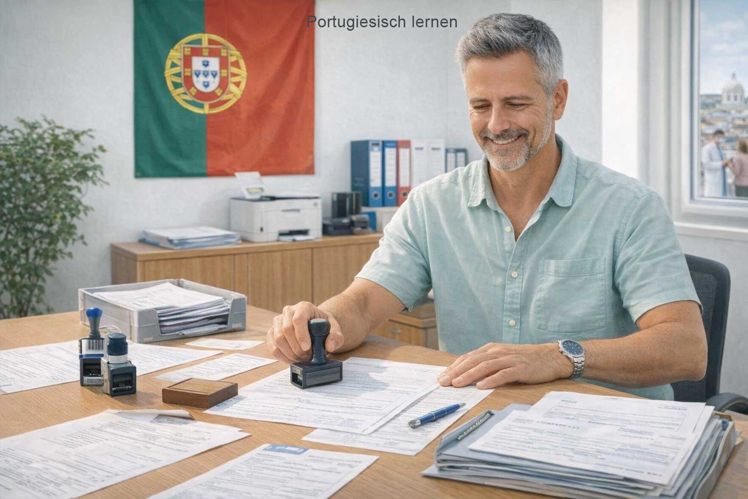 Portugiesisch Behoerdenwortschatz – Formulare und Stempel auf einem Schreibtisch