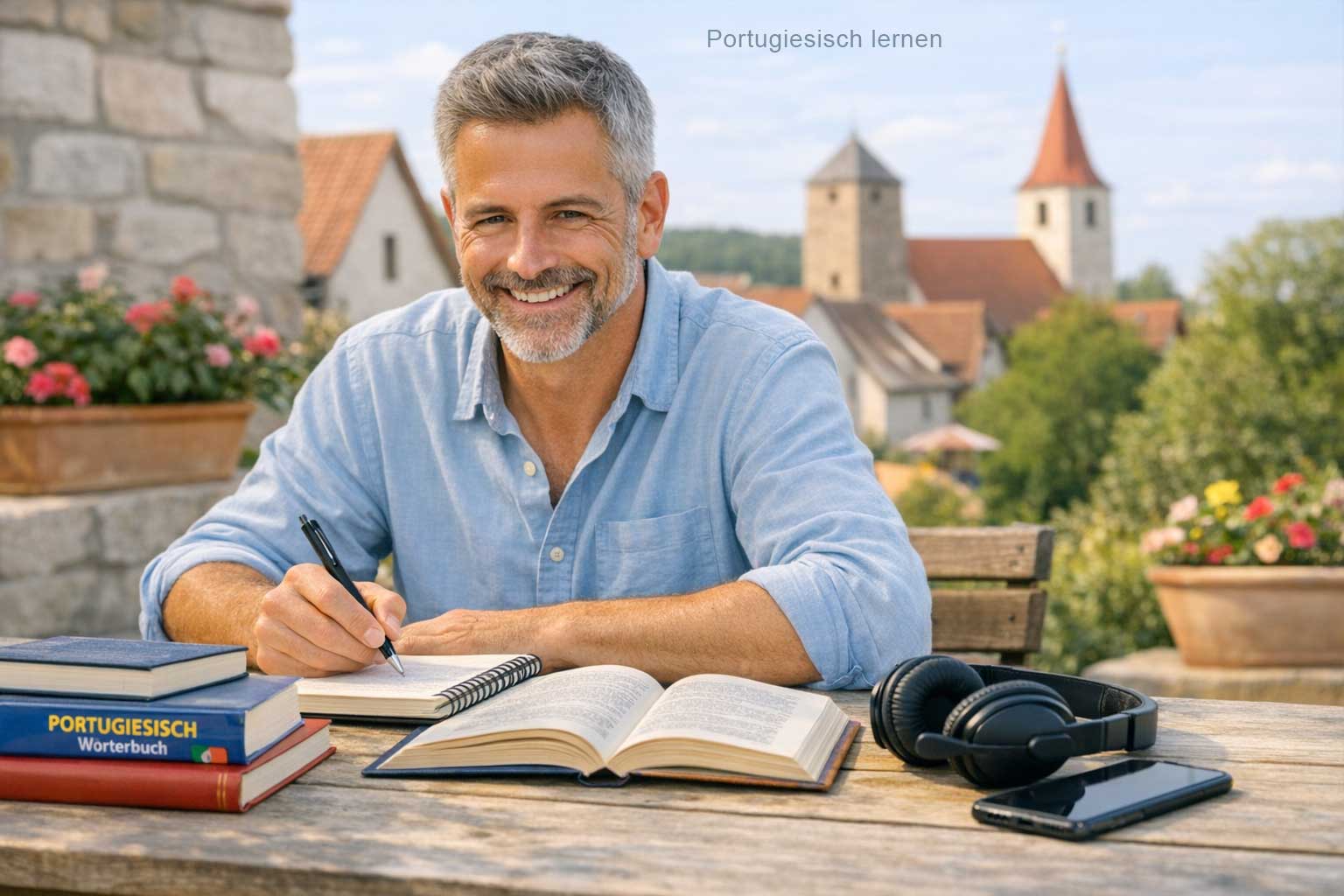 Bücher und Ressourcen Portugiesisch – Stapel Portugiesischbücher auf einem Schreibtisch