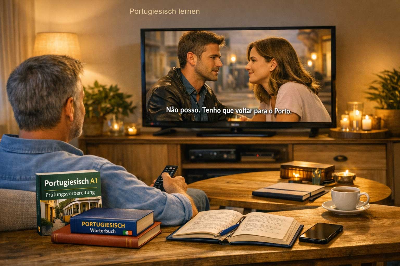 Portugiesisch lernen mit Filmen – Fernseher mit portugiesischer Serie im Wohnzimmer