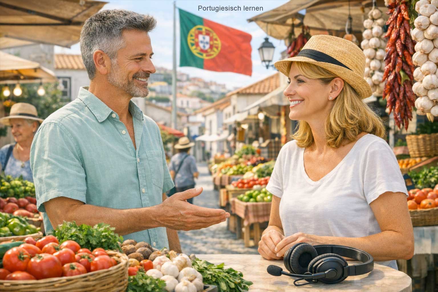 Kommunikation im Alltag Portugiesisch – zwei Menschen im Gespraech auf einem portugiesischen Markt