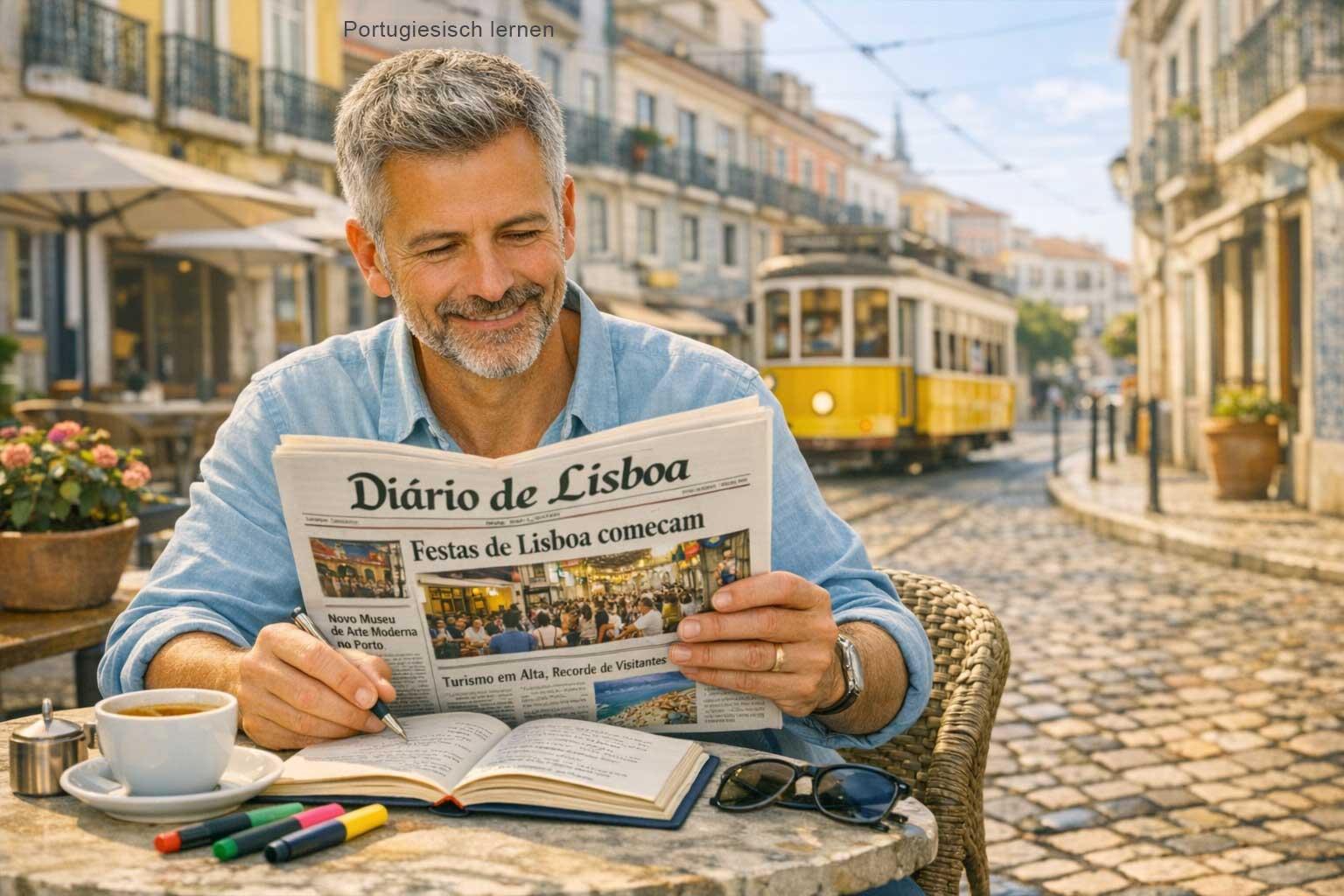 Portugiesisch lernen als Erwachsener – Person mittleren Alters liest ein portugiesisches Buch