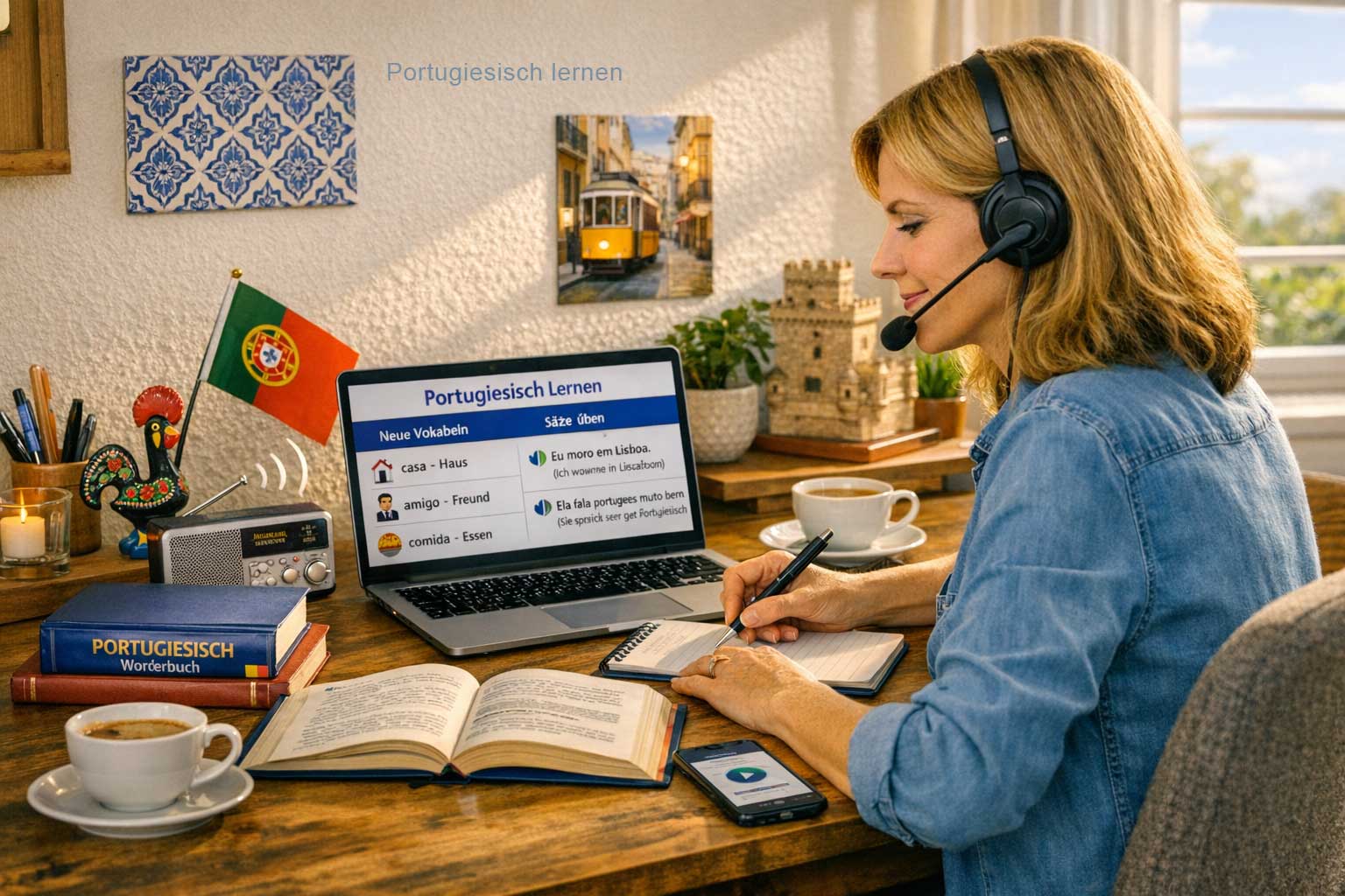 Portugiesisch lernen ohne Portugal – Person lernt zu Hause am Schreibtisch mit Portugiesisch-Material