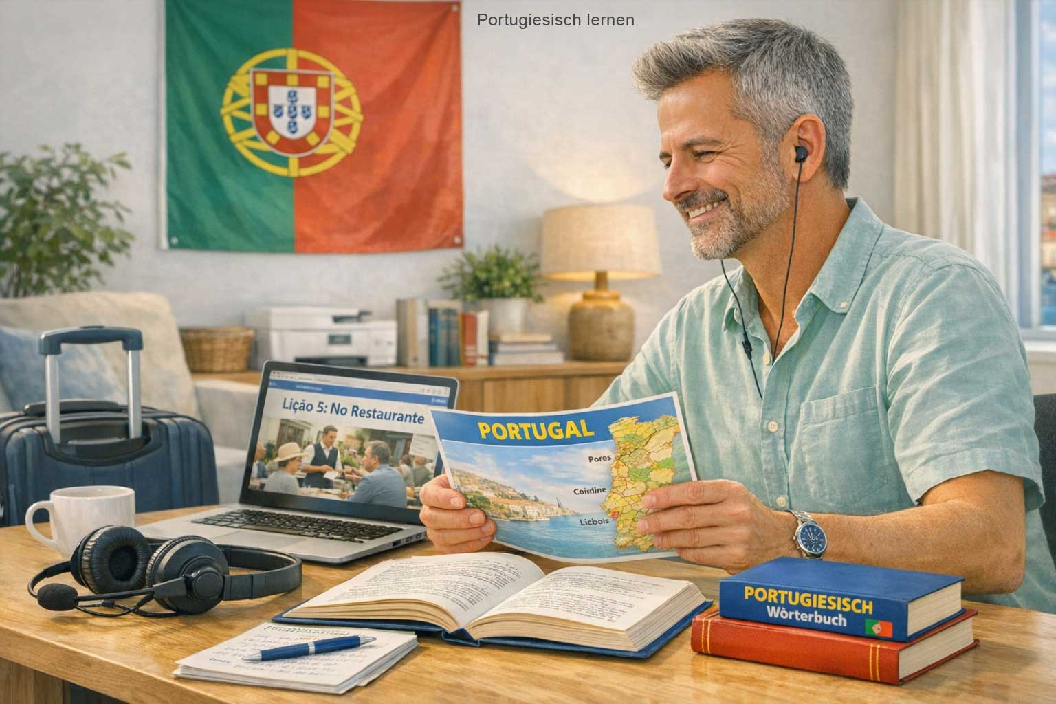 Portugiesisch Lernmaterialien – Buecher, Kopfhoerer und Laptop auf einem Schreibtisch