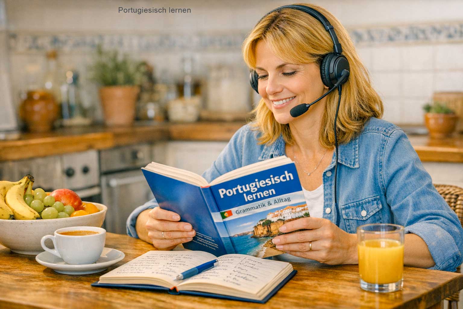 Portugiesisch Lernmethoden – Person mit Buch und Kopfhoerern am Tisch