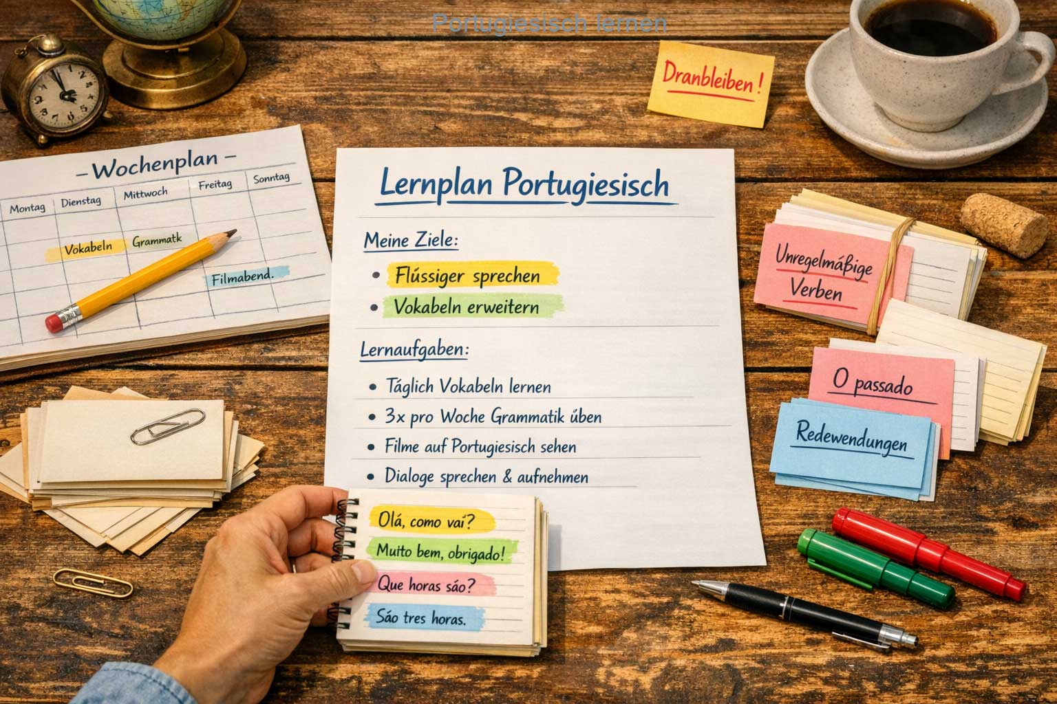 Lernplan erstellen Portugiesisch – Wochenplaner und Lernkarten auf einem Schreibtisch