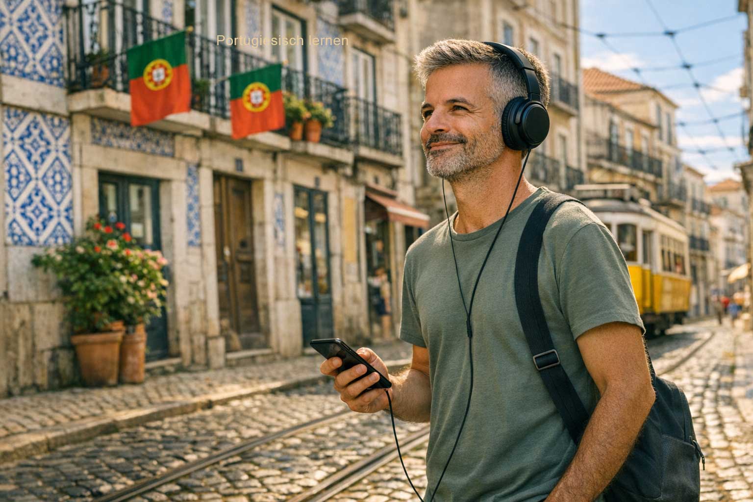 Podcasts Portugiesisch lernen – Person mit Kopfhörern beim Spazierengehen