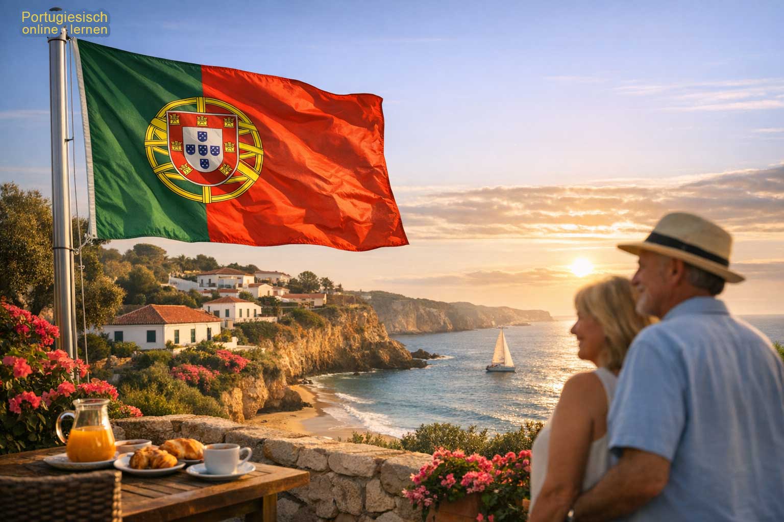Porugiesisch online lernen und träumen von einem sehnsuchtsvollen Algarve-Motiv mit Meerblick, Dorf und portugiesischer Flagge