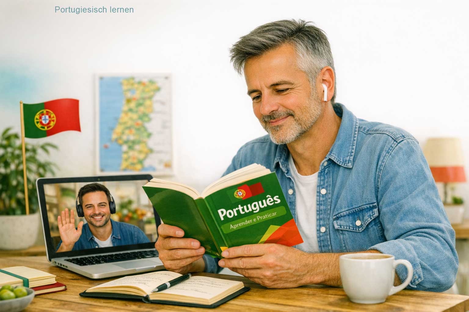 Portugiesisch verstehen – Person liest ein portugiesisches Buch konzentriert