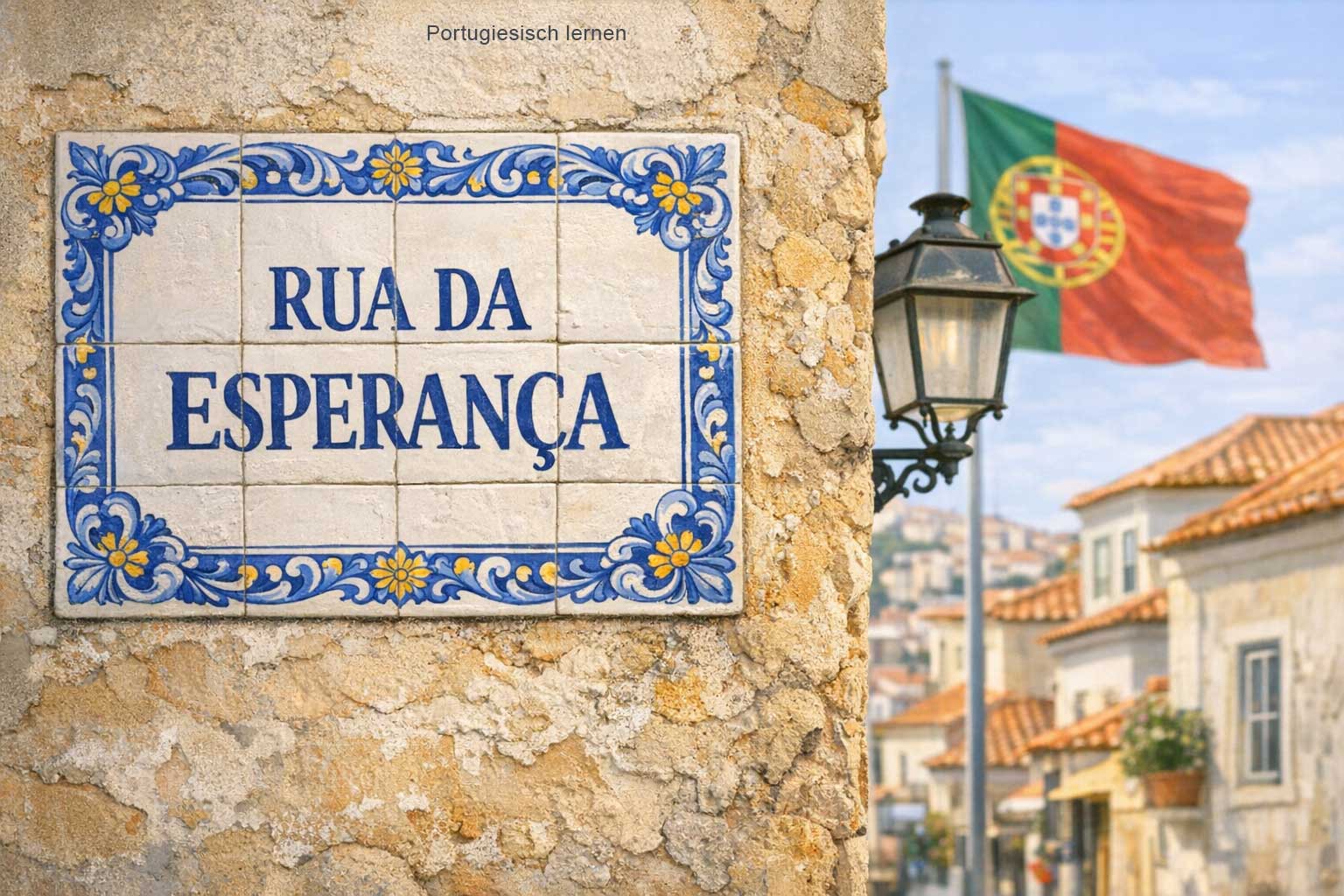 Sprache in Portugal – Strassenschild in Lissabon mit typisch portugiesischen Azulejos