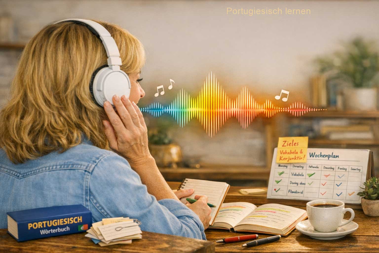 Sprachmelodie Portugiesisch – Schallwellen als Grafik, portugiesische Musik im Hintergrund