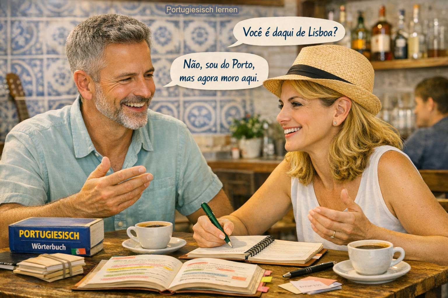 Sprachpraxis-Tipps Portugiesisch – Person führt ein Gespräch auf Portugiesisch in einem Café